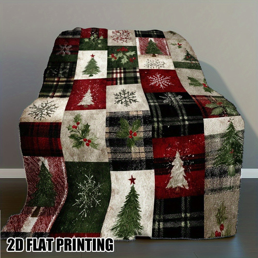 Vintage Christmas Tree And Snowflake Patchwork Flannel Blanket - All-Season Lightweight Soft Beige Friendly Cover, Holiday Decoration Mixed Color Scheme, Christmas Blanket