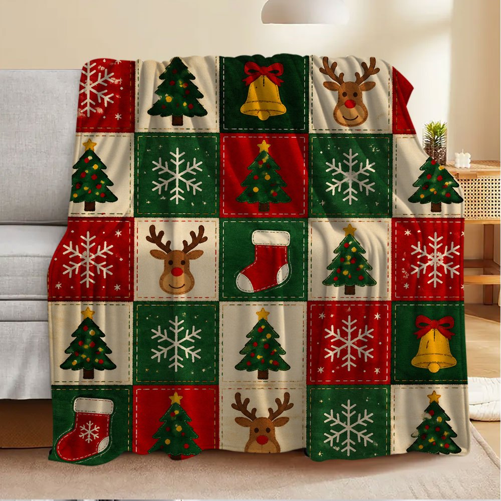 1pc of Large Red Flannel Blanket with Christmas Tree and Reindeer Pattern, Festive and Cozy Design, Oversized Throw Blanket, Winter Decoration, Durable Plush Surface, Suitable for All Seasons, Ideal for Dorm Life, RV Travel, and Camping Leisure