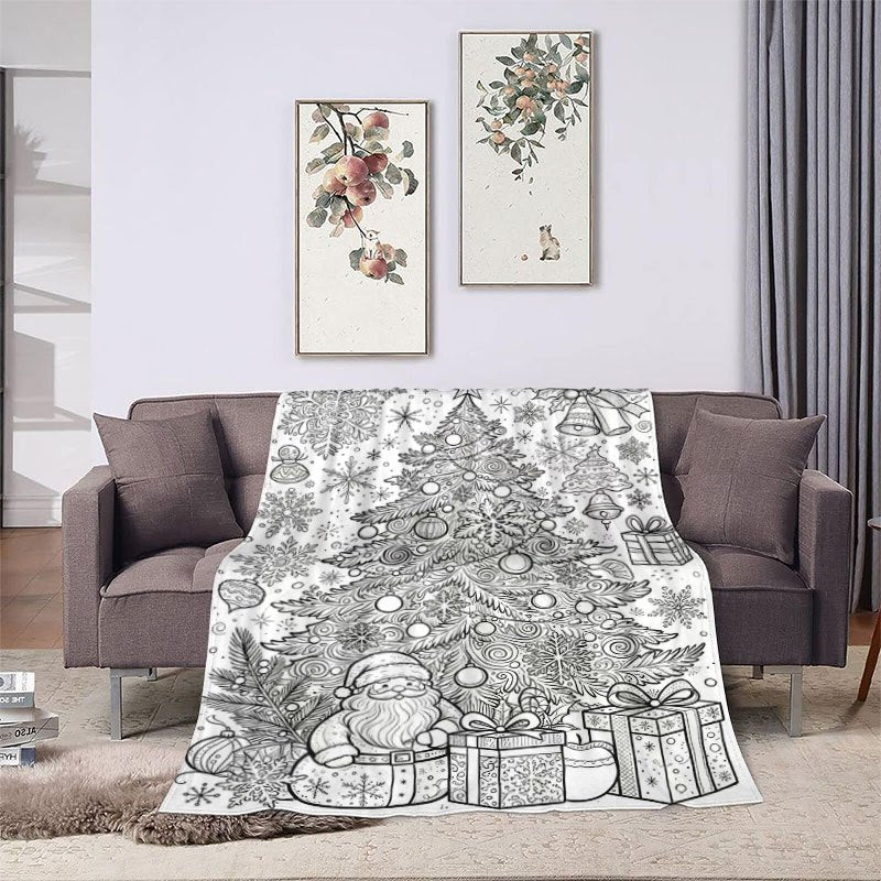 1pc of Large Flannel Blanket with a Black and White Line Art Pattern of Santa Claus and a Christmas Tree, Featuring a Simple Design. Suitable for Use as a Sofa Throw in the Living Room, for Naps at Home, or in Dorm Life