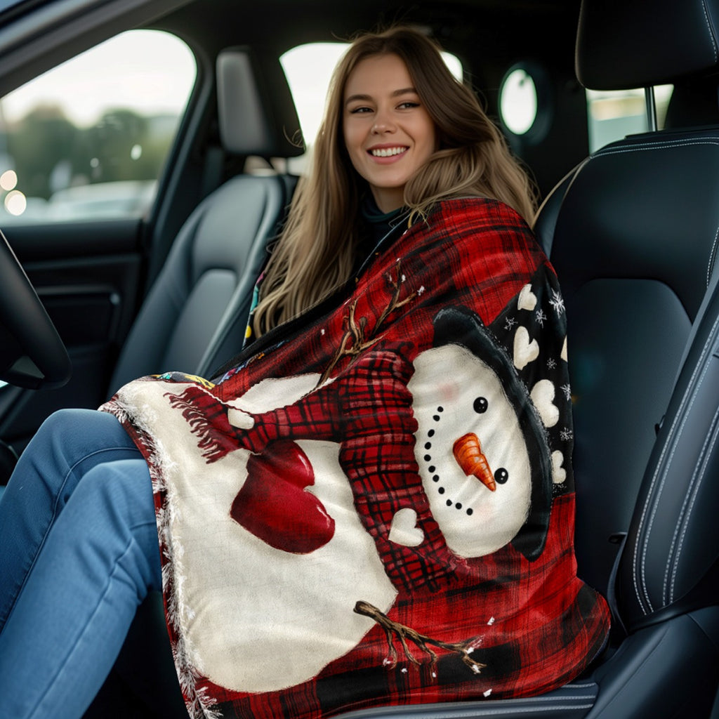 1pc Snowman And Red Checkered Christmas Theme Flannel Oversized Blanket, Red Plaid Design, Holiday Home Decor, Reading Time, Home Nap