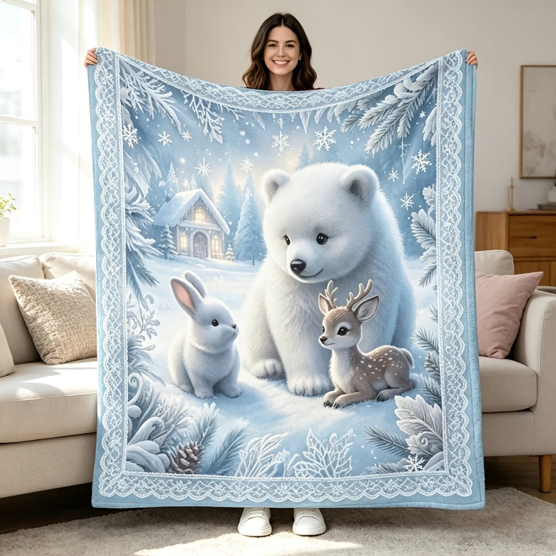 Winter Snow Scene, Polar Bear, Rabbit, Deer Print Fluorescent Flannel Blanket, Bedroom Living Room Sofa Blanket, Fluorescent Blanket, Machine Washable in All Seasons, Christmas, Halloween, Independence Day, Thanksgiving Gift Recommendation