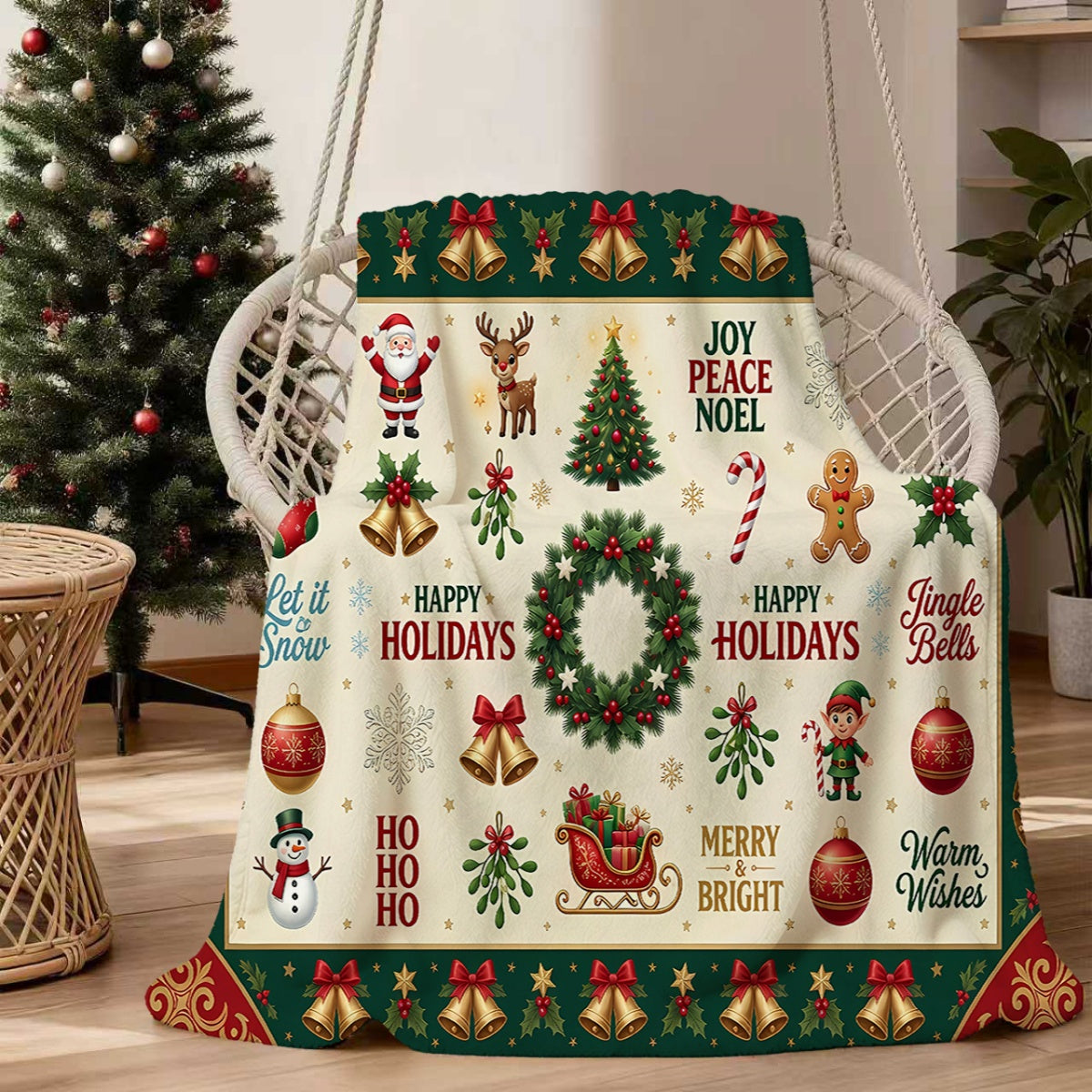 1pc, Santa Claus And Reindeer Pattern, Golden Bell Surround, Green Wreath Embellishment, Warm Festive Atmosphere Flannel Blanket, Soft And Comfortable, Beige Base with Green Border Design, Durable Plush, All-Season Sofa Blanket, Warm Cover