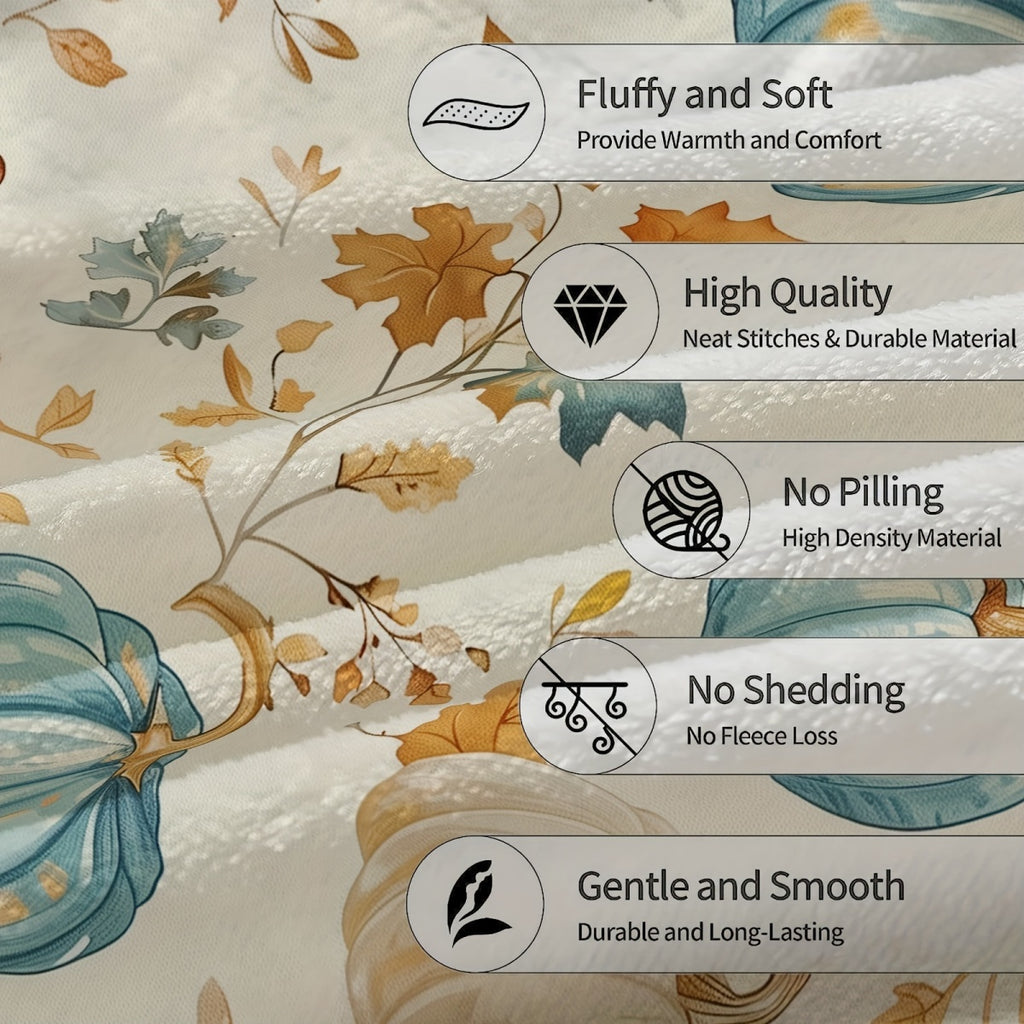 1pc 2D Flat Print Autumn Pumpkin and Maple Leaf Pattern Blanket, Soft Flannel Throw Blanket, Beige Base with Blue and Orange Design, All-Season Warm Cover Blanket, Multiple Sizes Available, Suitable for Living Room Sofa, Bedroom, Reading Area