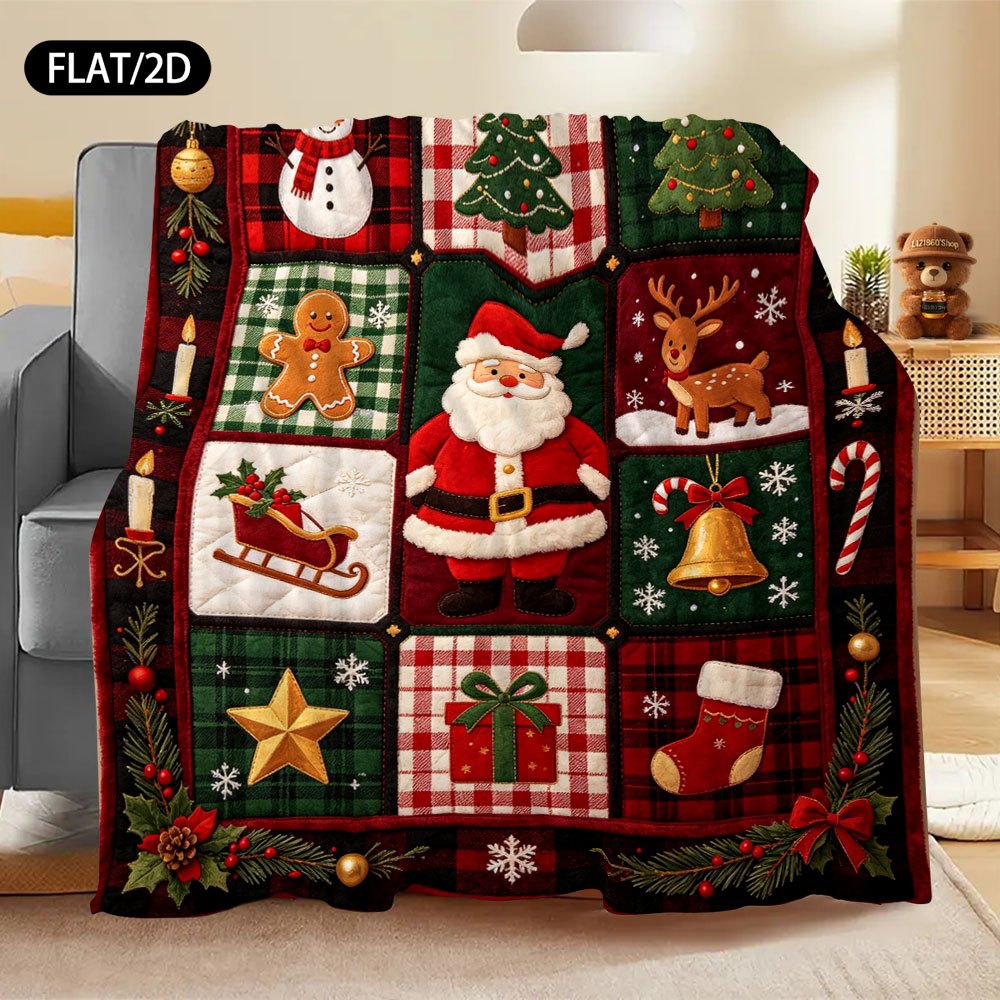 Flat/2D Digital Printing Flannel Blanket Blanket, Pastoral and Rural Plaid Patchwork Design, Christmas Theme, Santa Claus, Snowman, Christmas Tree, Gingerbread for Man, Reindeer, Sleigh, Gift, Sock Elements, Soft and Skin-friendly