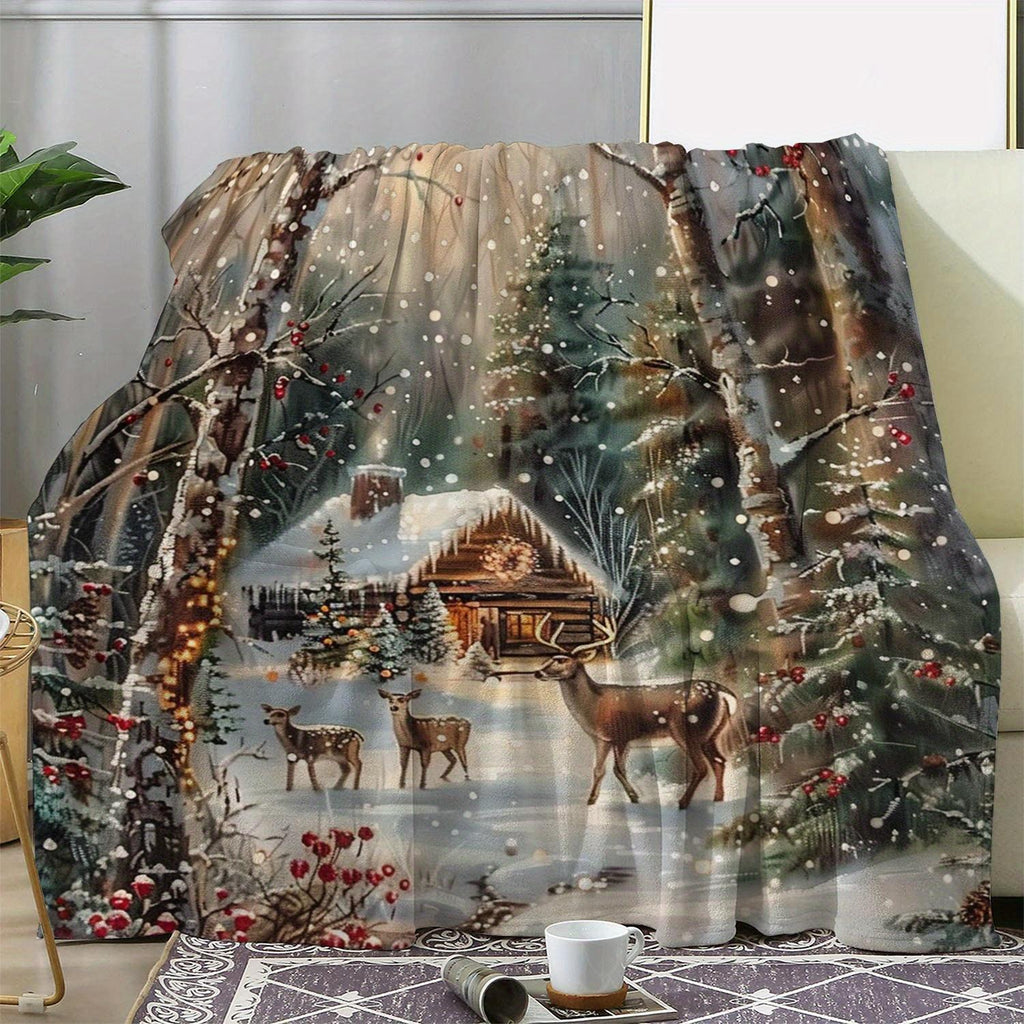 Christmas Snow Scene Reindeer and Cabin Winter-Themed Flannel Blanket, Soft, Comfortable, and Warm, Dark Green and Design, Durable Plush Surface, All-Season Bed Blanket, Warm Throw Blanket, Multiple Sizes Available, Suitable for Living Room Sofa