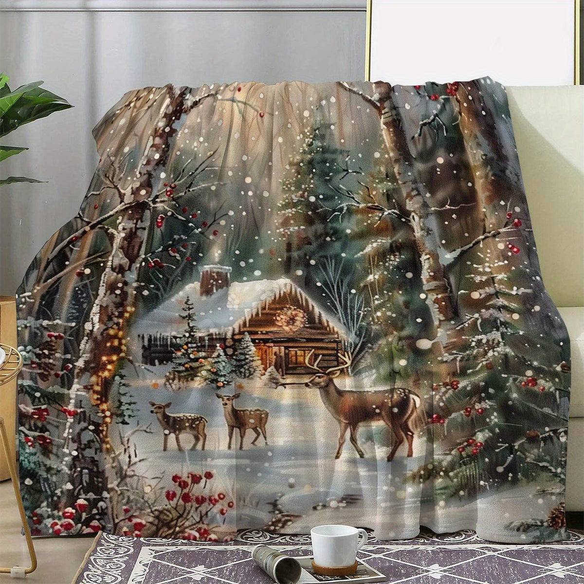 Christmas Snow Scene Reindeer and Cabin Winter-Themed Flannel Blanket, Soft, Comfortable, and Warm, Dark Green and Design, Durable Plush Surface, All-Season Bed Blanket, Warm Throw Blanket, Multiple Sizes Available, Suitable for Living Room Sofa