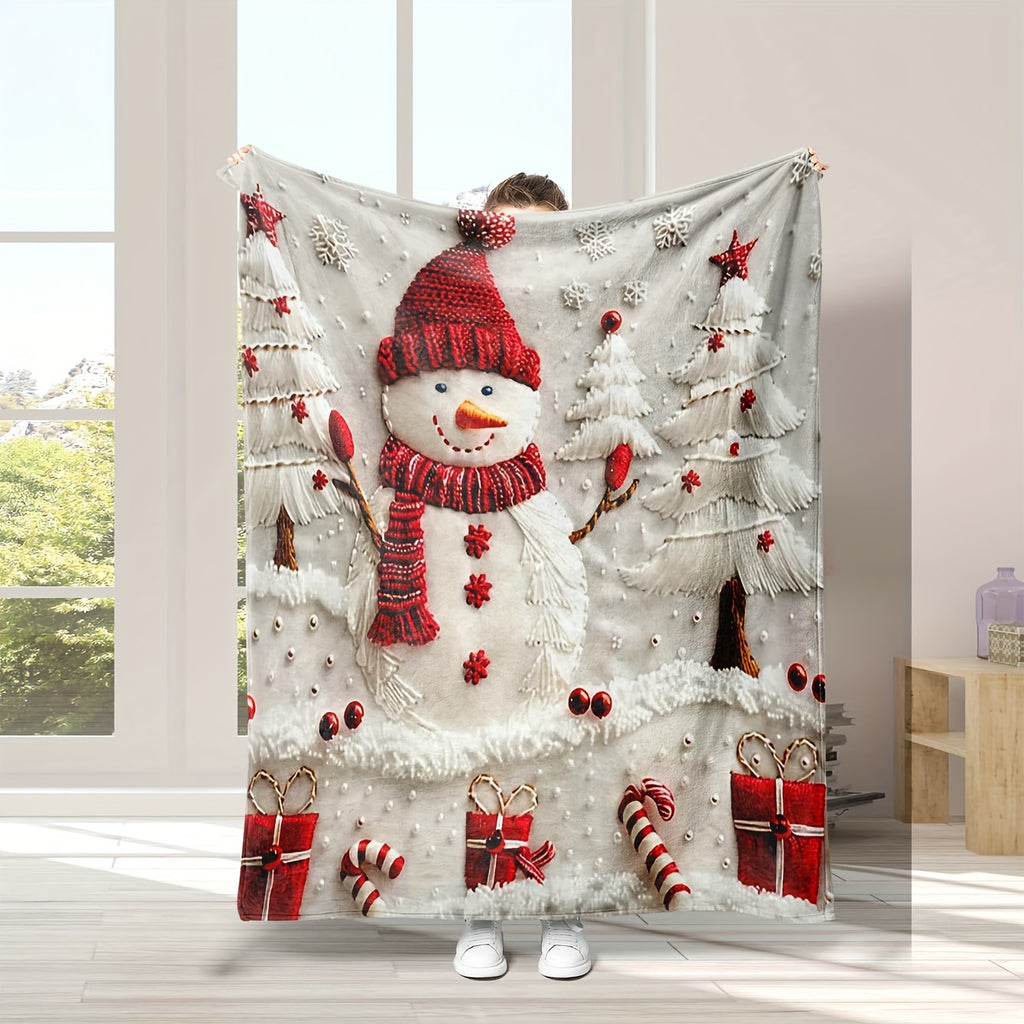 1pc Christmas Snowman and Pine Tree Pattern Flannel Blanket, Soft, Comfortable, and Warm, Red and White Design, Durable Plush Surface, All-Season Universal Sofa Blanket, Warm Throw Blanket, Multiple Sizes Available, Suitable for Living Room