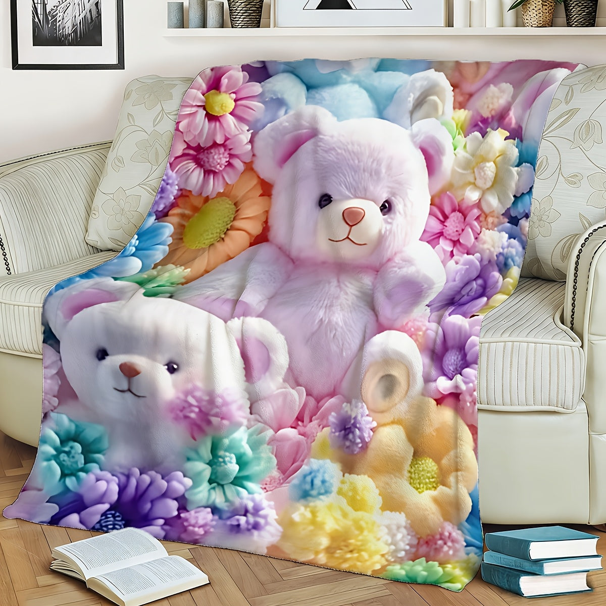 1pc 2D Flat Printing, Cute Teddy Bear And Colorful Flowers Blanket, Soft Fleece Blanket - Pink And Rainbow Design, Multiple Sizes Available, Suitable for Bedroom, Living Room, Sofa, And Casual Reading