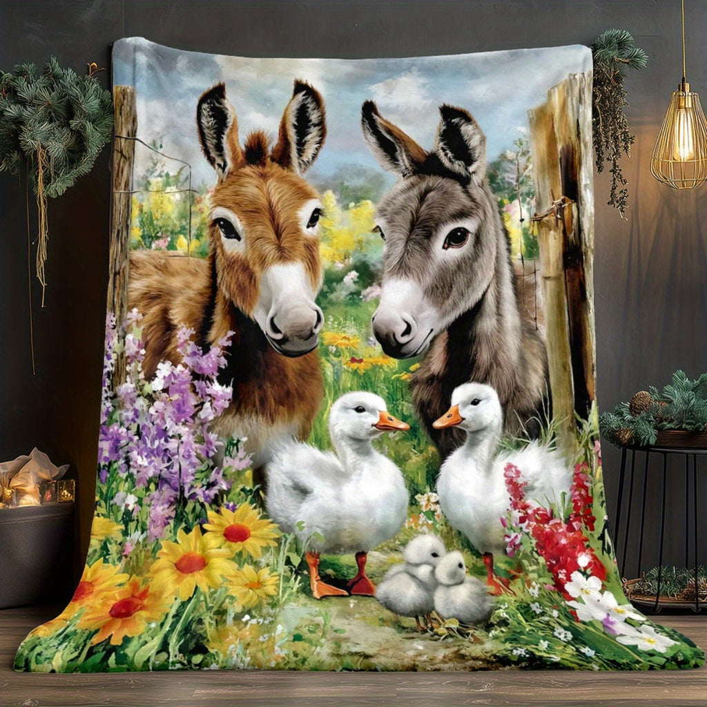 1pc 2D Flat Printing, Donkey And Duck Pastoral Theme Blanket, Soft Fleece Blanket - Colorful Floral Design, Multiple Sizes Available, Suitable for Living Room, Bedroom, Sofa, And Reading Nook