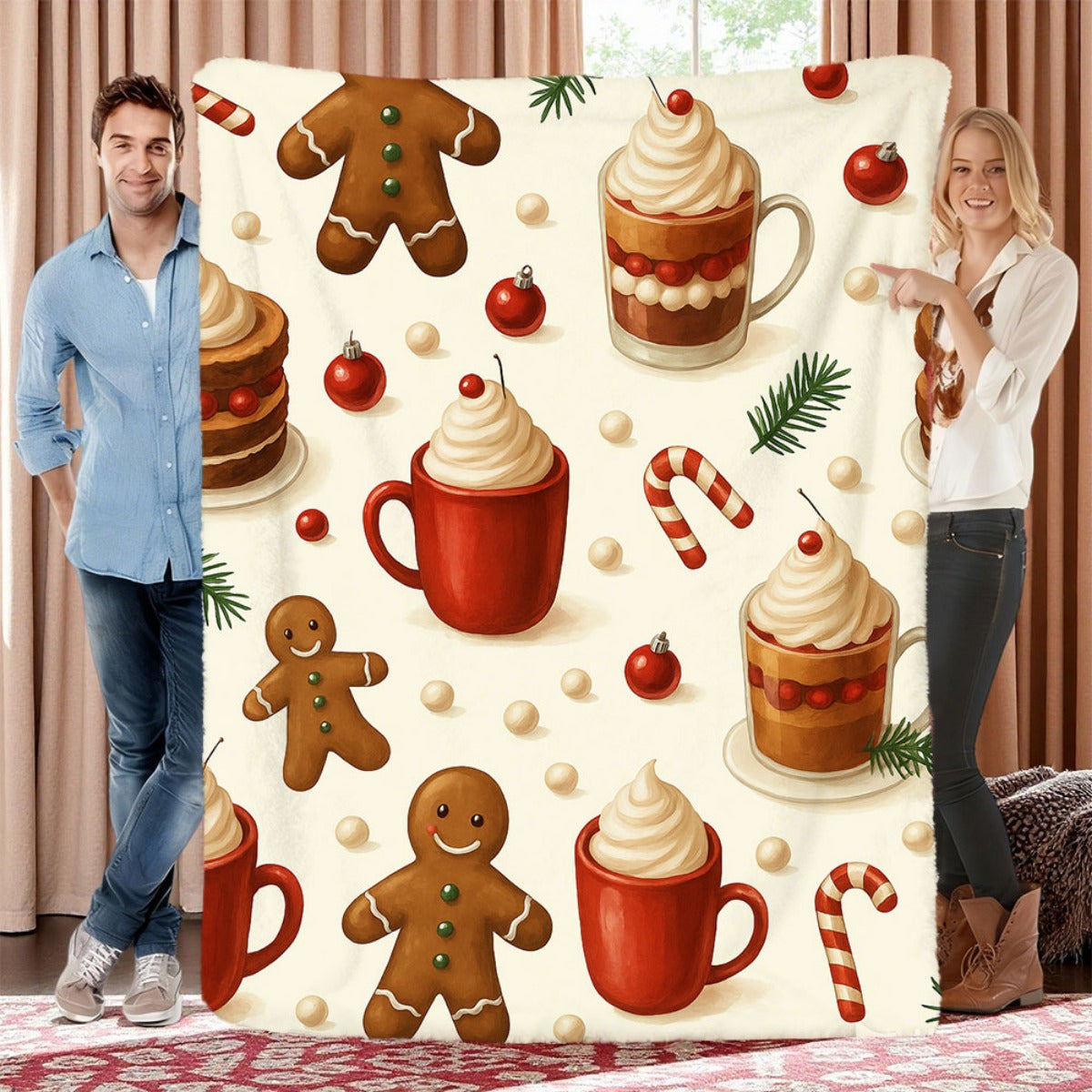 1pc Christmas Gingerbread Man And Hot Drink Pattern Cream White Background Blanket, Holiday Home Decor, Weekend Sofa Nap, Living Room Sofa Cover, Bedroom Bed Use