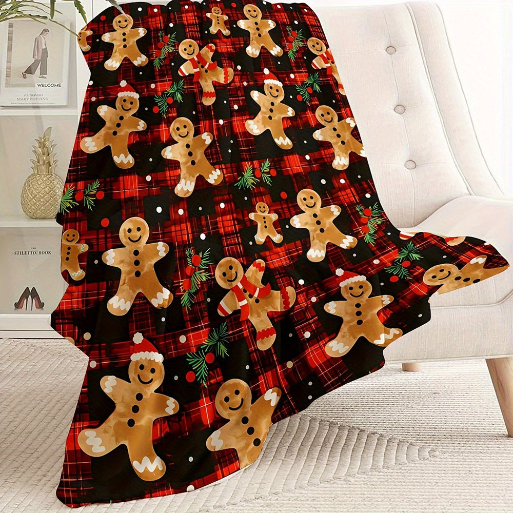 1pc Plaid Christmas Blanket, Gingerbread Man Pattern, Ideal for Sofa, Office Bed, Camping, And a Cozy Gift for Any Season