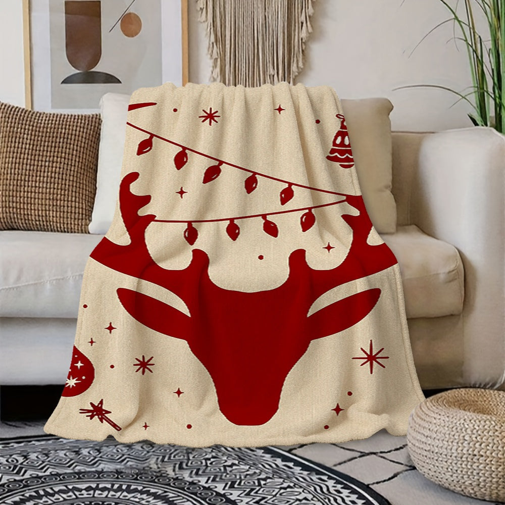 1pc Cream Beige Flannel Blanket with Red and White Christmas Reindeer and String of Lights Pattern, a Christmas Winter Body Blanket, Soft Plush for All Seasons, Suitable for Weekend Sofa Naps, Office Naps, and as a Spare for Guest Rooms