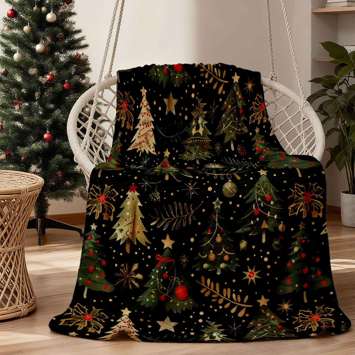 1pc Christmas Tree, Golden Stars, Decorative Printed Flannel Blanket, Comfortable And Soft Flannel Blanket, Suitable for Sofa Car Office, Soft And Warm All-Season Blanket, with Multi-Colored Animal Design