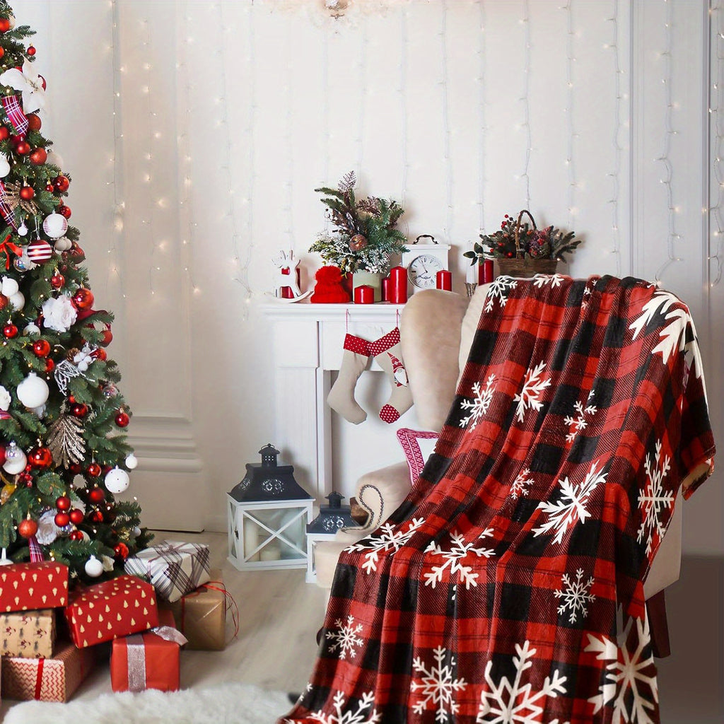 Christmas Red Plaid - Holiday Snowflake Throwing, Christmas Flannel, Country Buffalo Plaid, And Sofa Decor (Red And Black) Printed Flannel Blanket, Soft And Warm, Perfect Gift for Holiday Memories