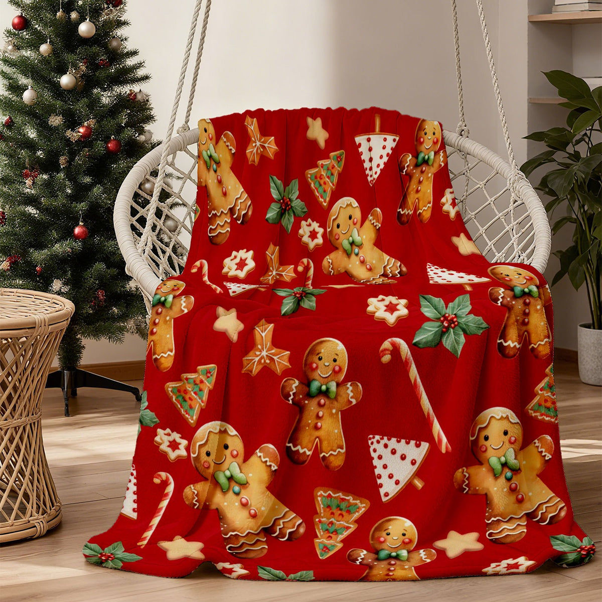 A Gingerbread Man, a Candy Bar, And a Christmas Pine. Hypoallergenic Flannel Topper for All Seasons, Digitally Printed Blanket, Mixed Colors, for Sofas And Sofas - Perfect for Year-Round Home Decor