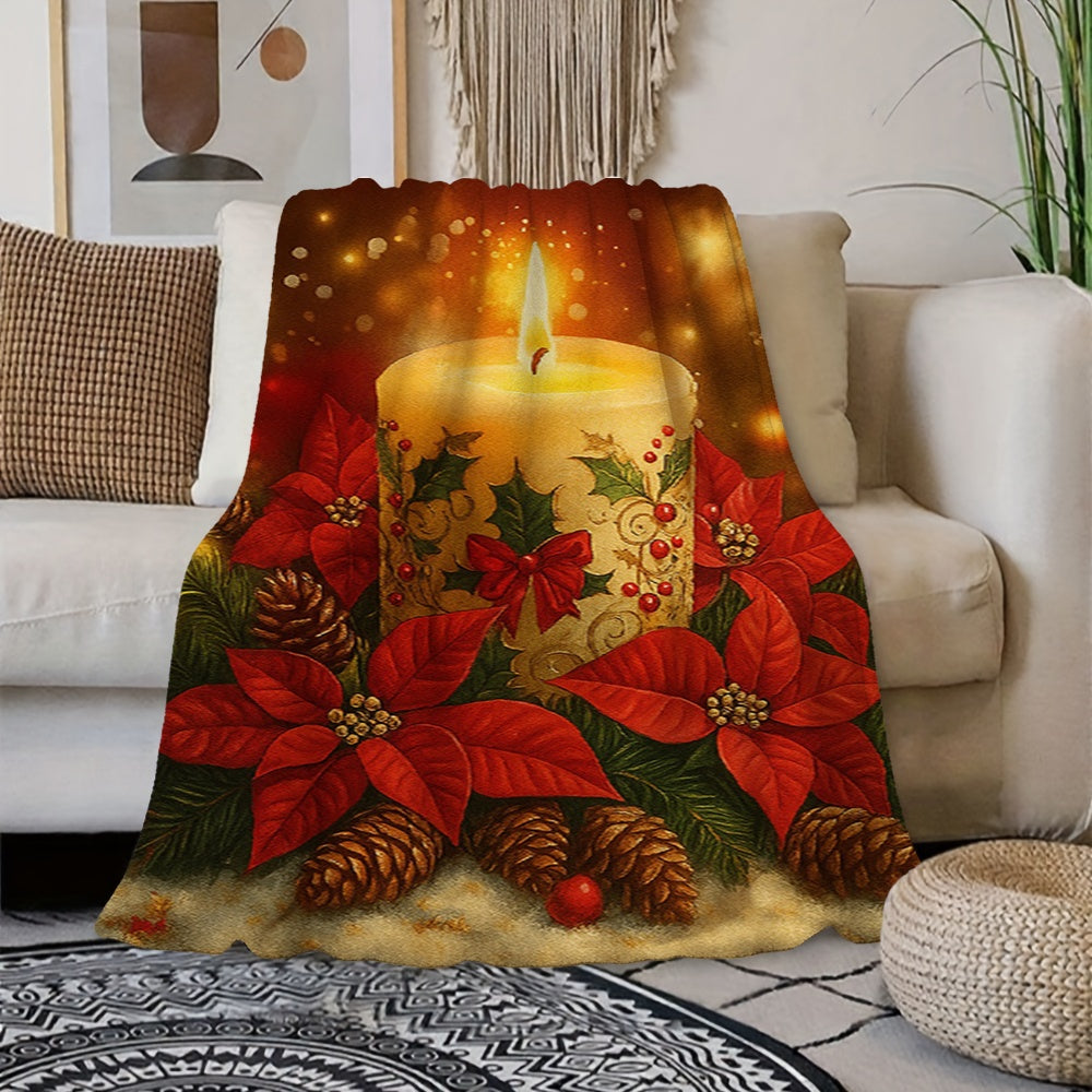 1pc Christmas Candle And Red Flower Pinecone Pattern Golden-Toned Flannel Blanket, Festive Warm Decor Design, Soft Plush All-Season Use, Suitable for Home Nap, Reading Time, And Seasonal Home Use