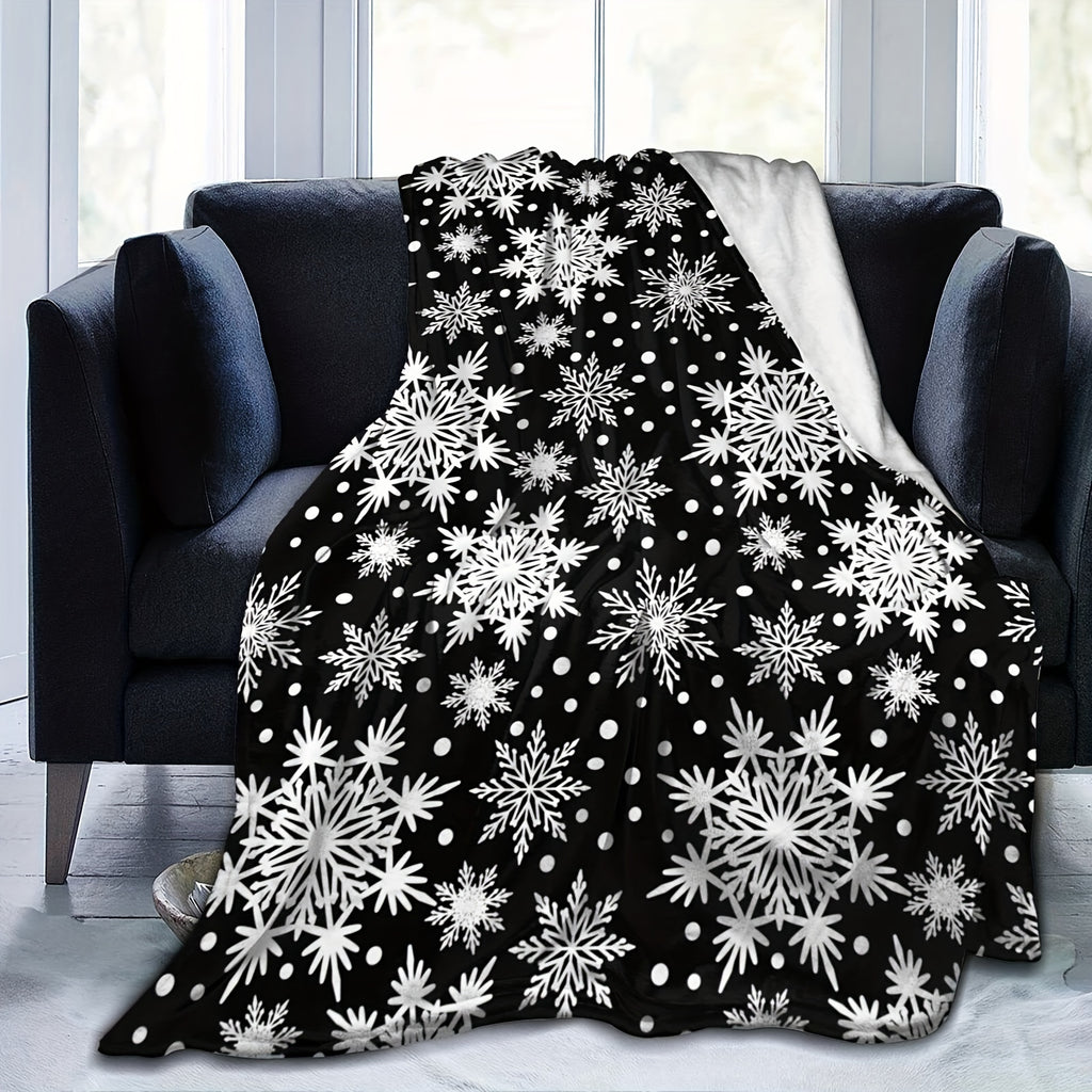 1pc, Black and White Snowflake Pattern Flannel Blanket, Soft, Comfortable, and Warm, Black Design, Durable Plush Surface, All-season Universal Blanket, Warm Throw Blanket, Multiple Sizes Available, Suitable for Living Room Sofas, Bedroom