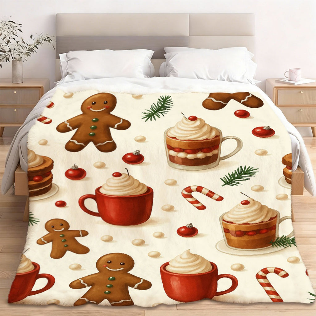 1pc Christmas Gingerbread Man And Hot Drink Pattern Cream White Background Blanket, Holiday Home Decor, Weekend Sofa Nap, Living Room Sofa Cover, Bedroom Bed Use