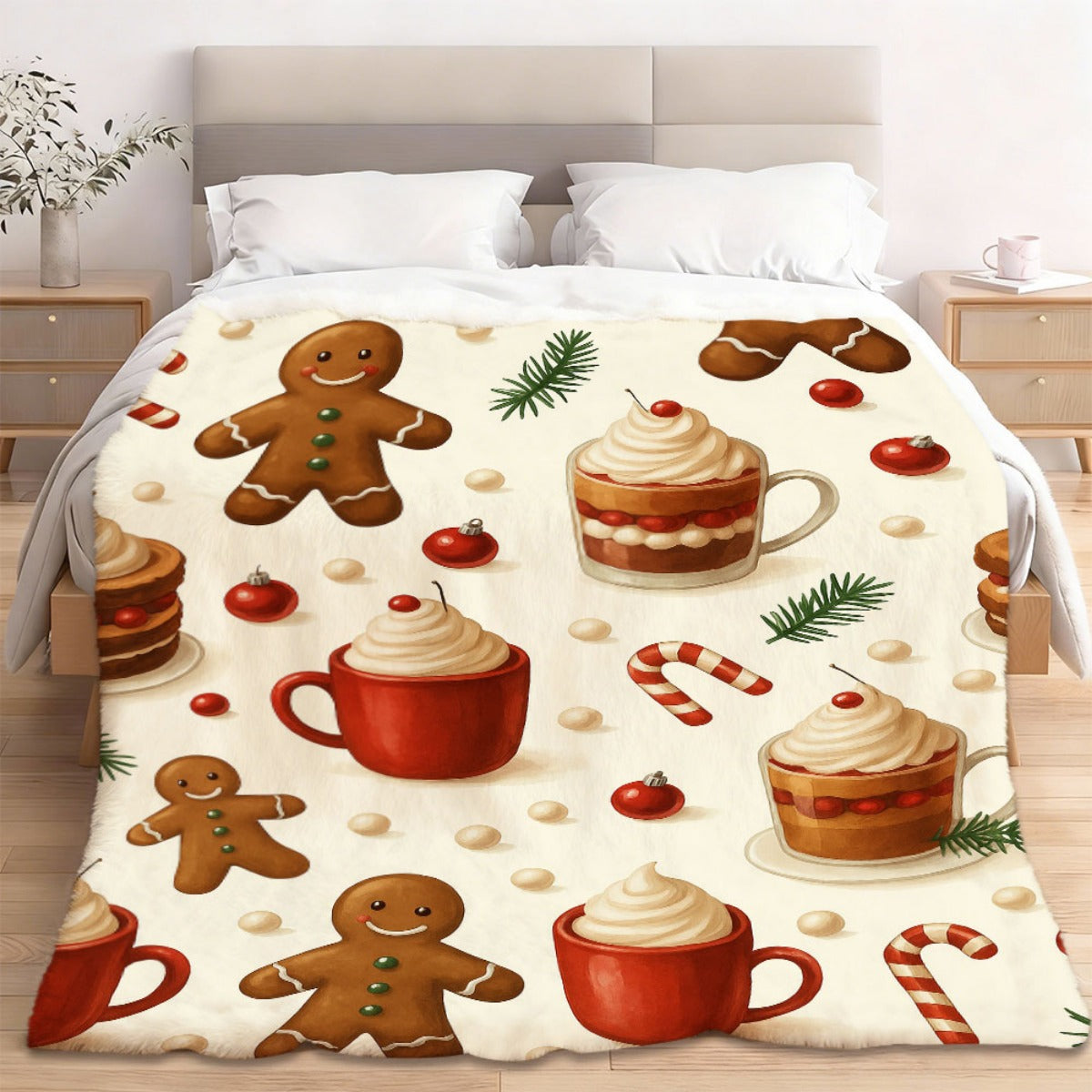 1pc Christmas Gingerbread Man And Hot Drink Pattern Cream White Background Blanket, Holiday Home Decor, Weekend Sofa Nap, Living Room Sofa Cover, Bedroom Bed Use