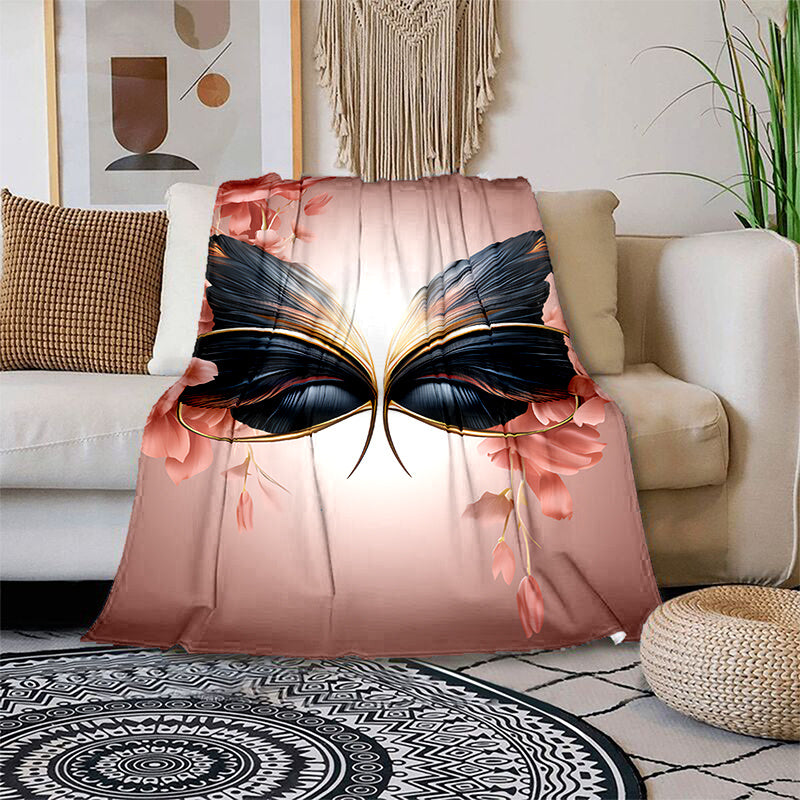 1pc 2D Flat Print Black and Golden Butterfly with Pink Floral Blanket, Soft Flannel Throw—romantic Pink and Golden Design, Multiple Sizes Available, Suitable for Living Room Sofas, Bedroom, Office Naps, Outdoor Picnics, and Reading Time, 2D Flat