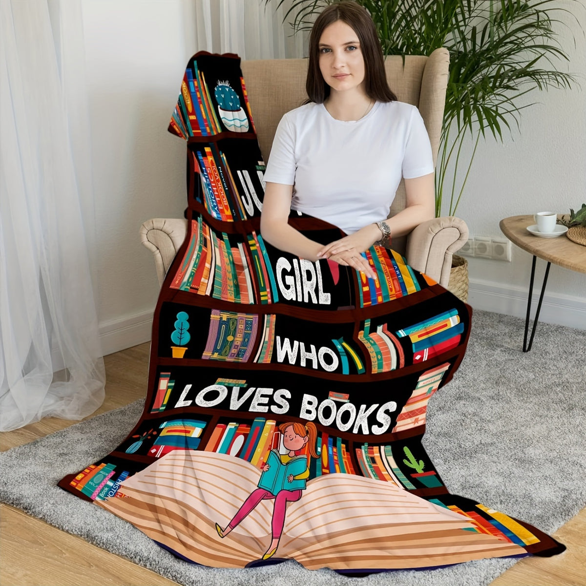 1pc 2D Flat Printing, Bookshelf And Reading Theme Blanket, Soft Fleece Blanket - Dark Brown Design, Suitable for Bedroom, Living Room, Sofa, Bedside, And Casual Reading