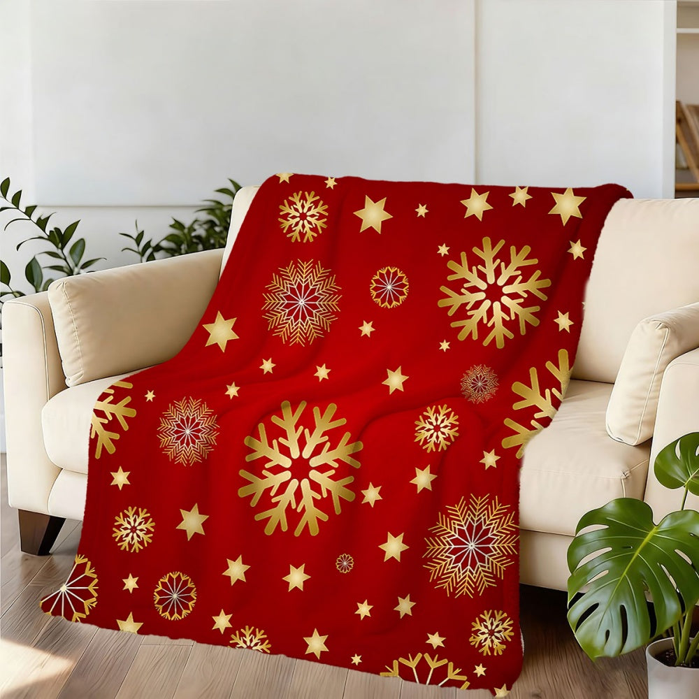 1pc Red and Golden Snowflake and Star Pattern Christmas-themed Flannel Blanket, Soft, Comfortable, and Warm, Designed in a Red Main Color, a Four-season Universal Sofa Throw, a Warm Lap Blanket, Available in Multiple Sizes, Suitable for Living Room