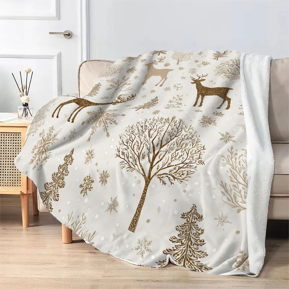 1pc Golden Reindeer Snowflake Patterned Blanket, Christmas Holiday Decor Design, Soft Plush, Flannel Material Lightweight And Durable, Multiple Sizes Available, Ideal for Christmas Decoration, Living Room Leisure, Bedroom Warmth, Study Reading