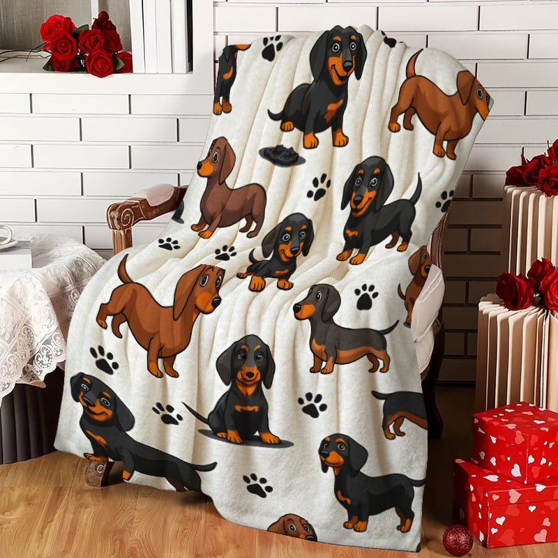 1pc Sausage Dog Pattern Flannel Blanket, Soft Comfortable Warm, Beige White Design, Durable Plush, All-Season Bed Blanket, Warm Cover, Multiple Sizes Available, Suitable for Living Room Sofa, Bedroom Headboard, Reading Corner, Leisure Time