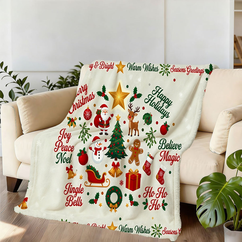 1pc, Christmas-Themed Golden Star And Santa Claus Pattern Flannel Blanket, Soft Comfortable Warm, White Background Design, Durable Plush, All-Season Sofa Blanket, Warm Cover, Multiple Sizes Available, Suitable for Living Room Sofas, Bedroom