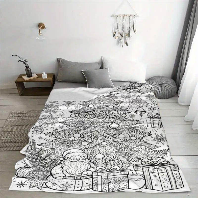 1pc of Large Flannel Blanket with a Black and White Line Art Pattern of Santa Claus and a Christmas Tree, Featuring a Simple Design. Suitable for Use as a Sofa Throw in the Living Room, for Naps at Home, or in Dorm Life