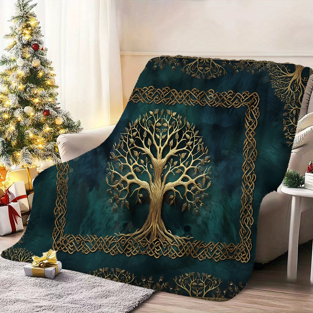 1pc Golden Tree Pattern Blanket, Retro Style Design, Soft Plush Surface, Flannel Material Lightweight And Durable, Multiple Sizes Available, Ideal for Holiday Gatherings, Living Room Leisure, Bedroom Warmth, Study Reading, Seasonal Home Decor