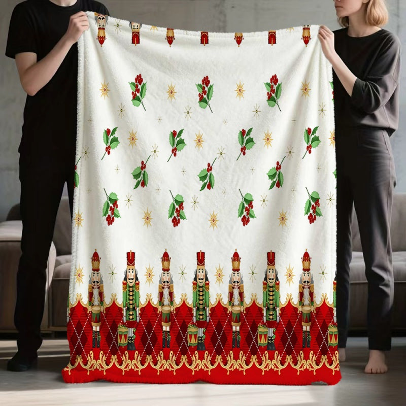 1pc 2D Flat Printing Christmas Nutcracker Blanket, Soft Fleece Blanket - White Background with Red And Green Decor, Multi-Size Available, Suitable for Living Room, Bedroom, Sofa, And Casual Area
