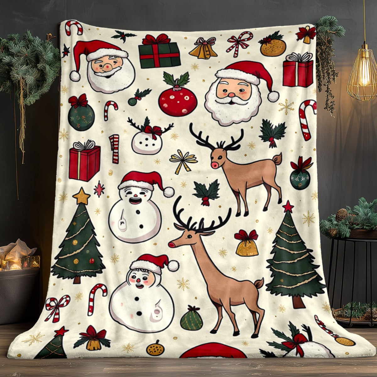 1pc Santa Claus Reindeer Pattern Blanket, Christmas Holiday Decor Design, Soft Plush, Flannel Material Lightweight Durable, Multiple Sizes Available, Ideal for Christmas, Outdoor Courtyard, Leisure Time, Christmas Holiday Decoration