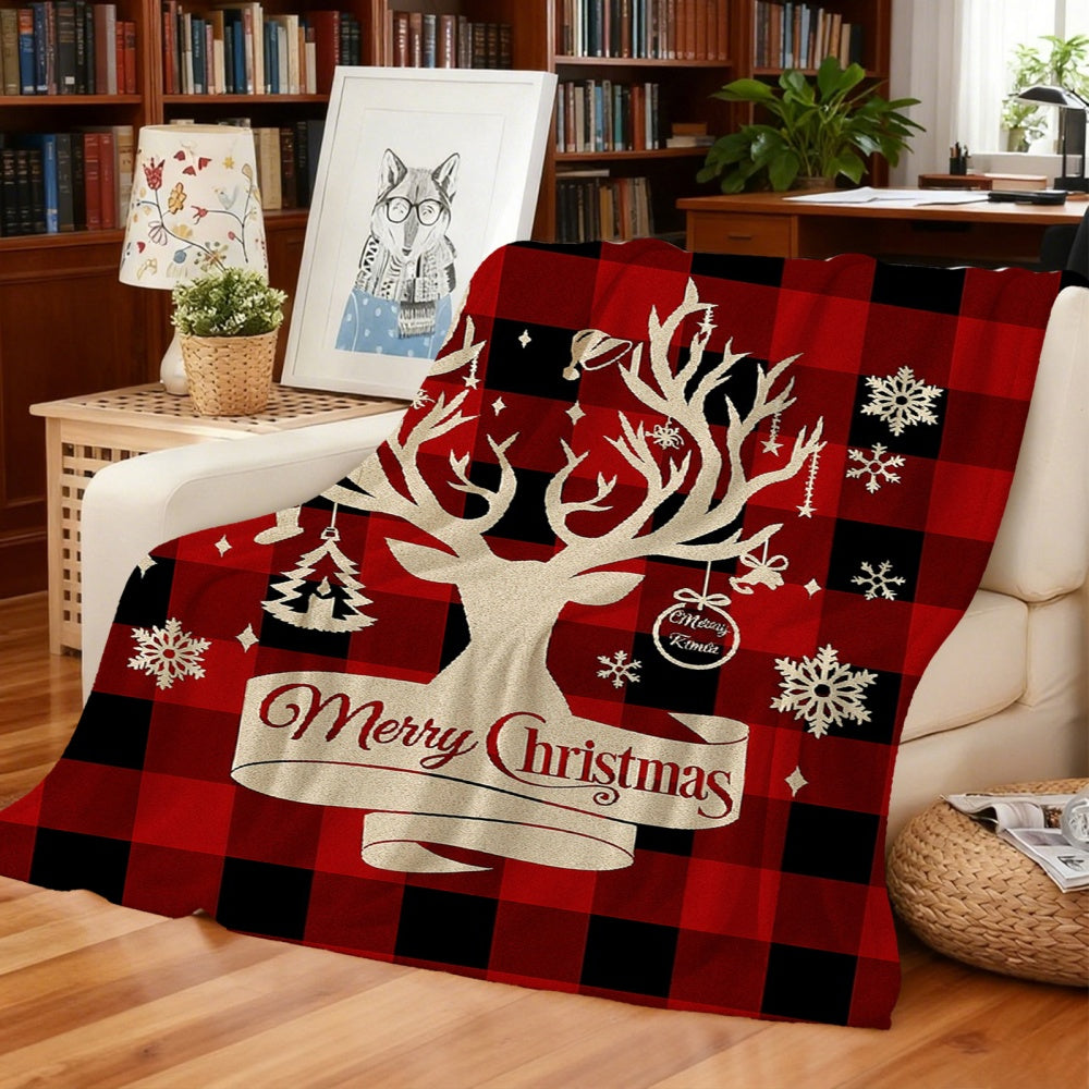 1pc Christmas Reindeer And Snowflake Red Black Plaid Flannel Blanket, Festive Winter Design, Soft Plush All-Season Use, Suitable for Living Room Sofa Cover, Reading Time And Weekend Naps