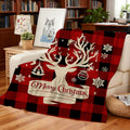 1pc Christmas Reindeer And Snowflake Red Black Plaid Flannel Blanket, Festive Winter Design, Soft Plush All-Season Use, Suitable for Living Room Sofa Cover, Reading Time And Weekend Naps
