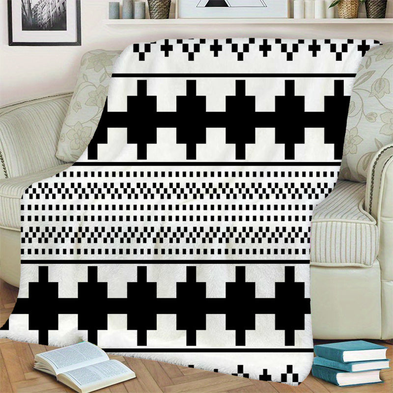1pc Black and White Geometric Pattern Blanket, Minimalist Style Design, Soft Plush Surface, Lightweight and Durable Flannel Material, Multiple Sizes Available, Perfect for Holiday Gatherings, Living Room Lounging, Bedroom Sleeping, Study Reading