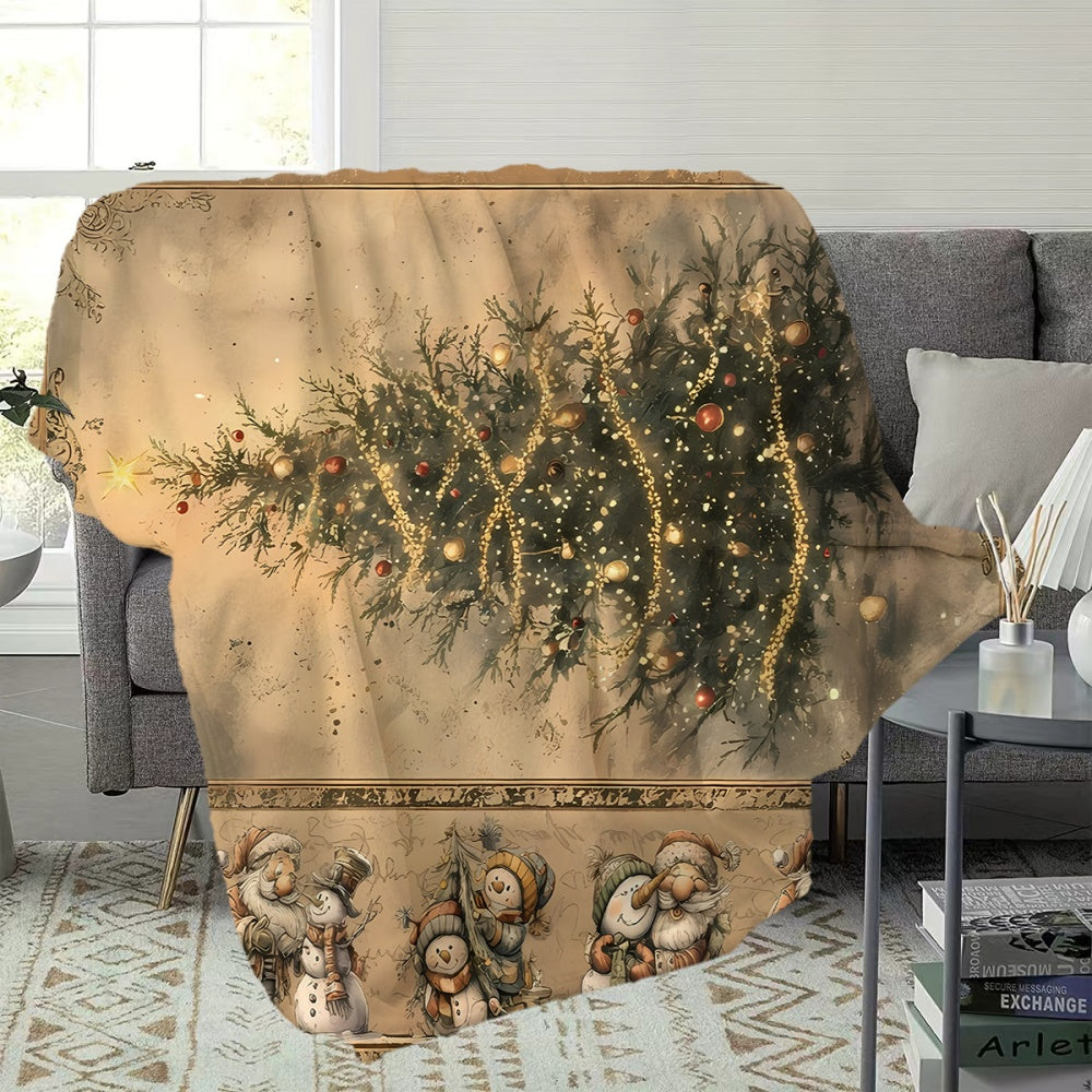 1pc Christmas Tree And Snowman Pattern Flannel Blanket, Soft Comfortable Warm, Beige Retro Design, All-Season Blanket, Warm Cover, Multiple Sizes Available, Suitable for Living Room Sofa, Bedroom, Reading Corner, Leisure Time