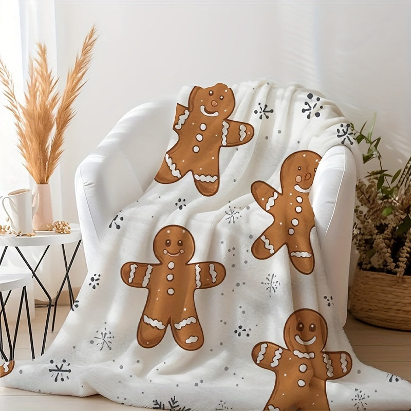 1pc Gingerbread Pattern Blanket, Gingerbread Print Design, Full-body Blanket, Soft Flannel Plush Surface, Lightweight and Durable, Multiple Sizes Available, Suitable for Christmas Decoration, Living Room Leisure, Bedroom Sleep, and Festive Atmosphere