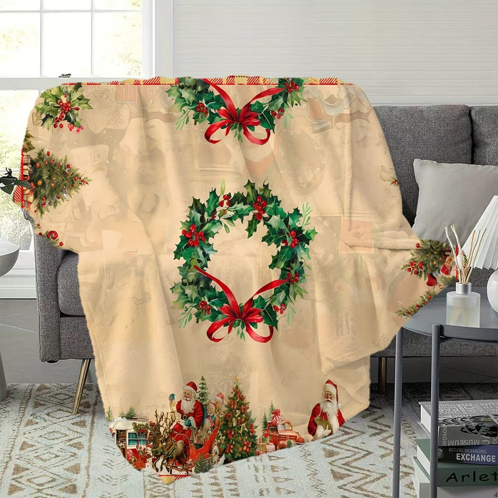 1pc, 1pc Christmas Wreath And Santa Claus Pattern Flannel Blanket, Soft Comfortable Warm, Beige Retro Design, Durable Plush, All-Season Sofa Blanket, Warm Cover, Multiple Sizes Available, Suitable for Living Room Sofa, Bedroom, Reading Corner