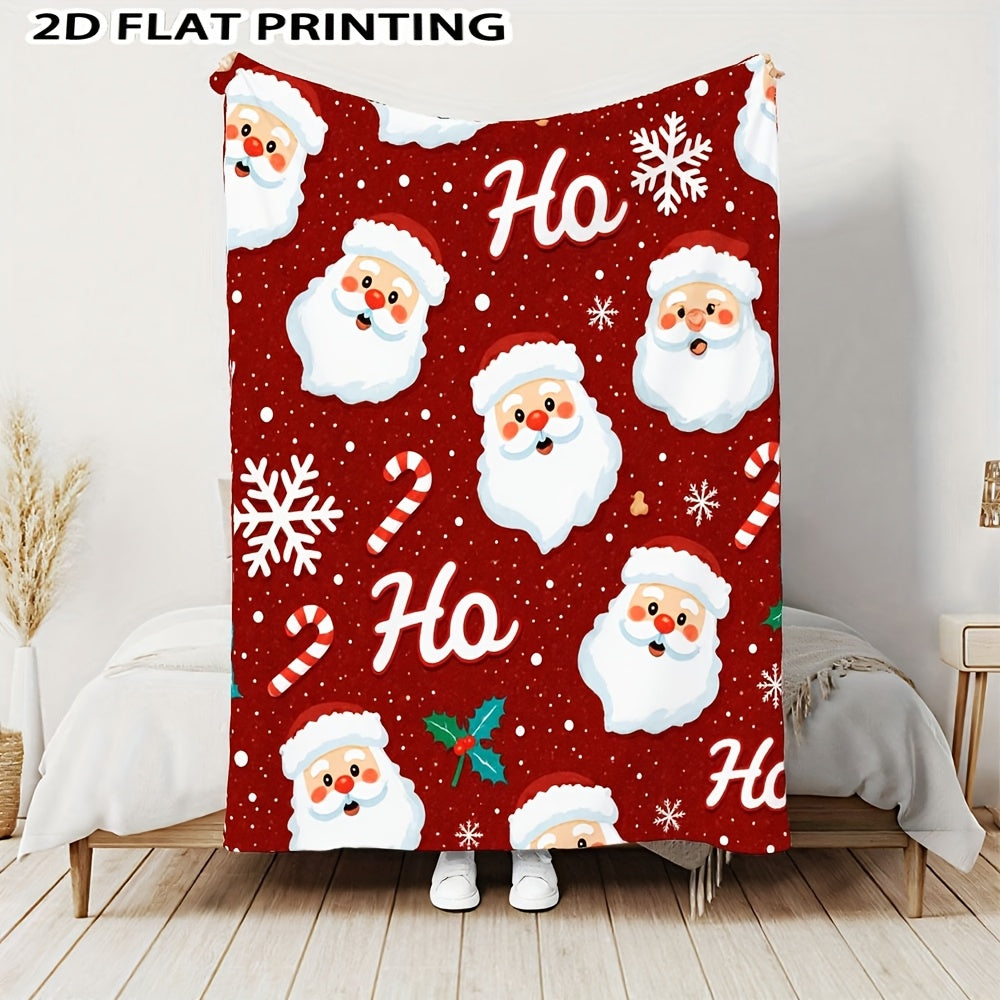 Happy Santa And Snowflake Flannel Blanket - Soft And Warm Christmas Cover for Sofas, Camping, And Travel - Santa And Snowflake Warm Winter Decorative Blanket