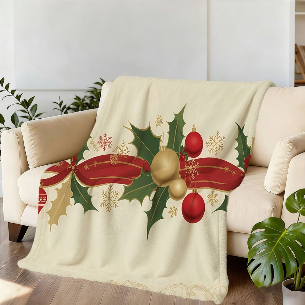 1pc Christmas Holiday Red Green Golden Ball And Holly Leaf Pattern Flannel Blanket, Soft Comfortable Warm, Cream White Background with Red And Golden Decorative Design, All-Season Sofa Blanket, Warm Cover, Multiple Sizes Available