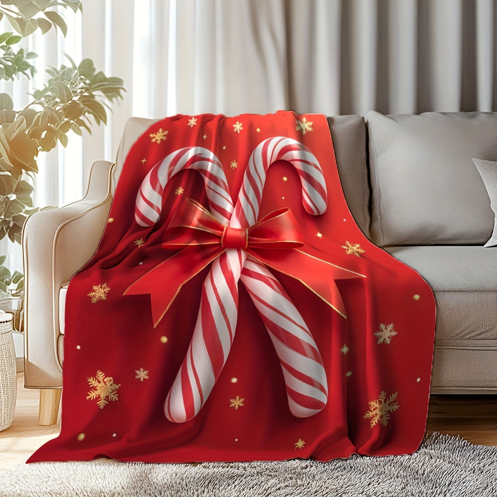 1pc Red Candy Cane Pattern Blanket, Christmas Holiday Decorative Design, Soft Plush Surface, Lightweight and Durable Flannel Material, Multiple Sizes Available, Perfect for Christmas, Living Room Decor, Bedroom Warmth, and Christmas Holiday