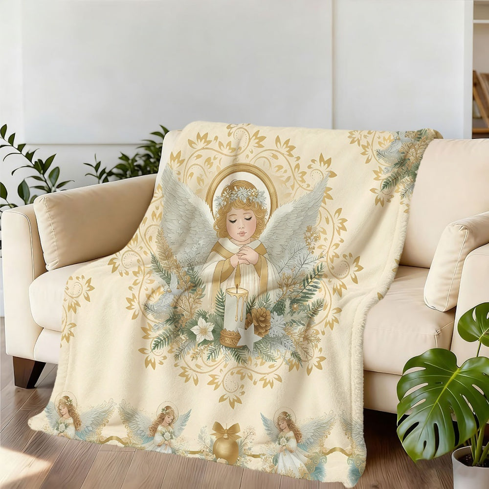 1pc Christmas Angel And Candle Floral Pattern Golden Main Color Flannel Blanket, Soft Comfortable Warm, All-Season Blanket, Warm Cover Blanket, Suitable for Living Room Sofa, Bedroom, Reading Area, Rest Area, And Holiday Decor