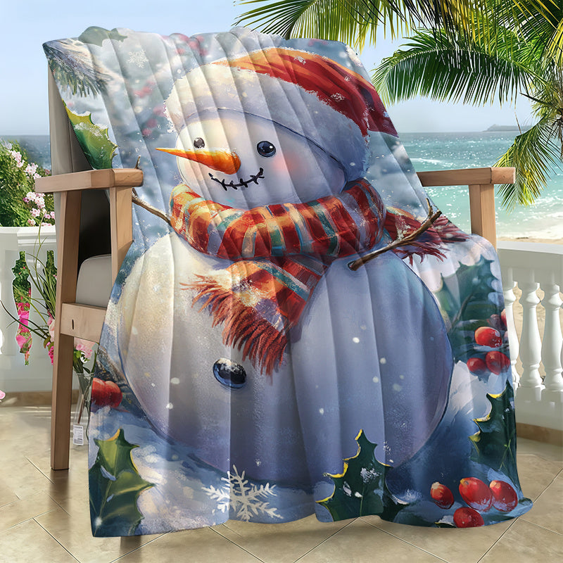 1pc Snowman And Winter Flowers Christmas Theme Red Flannel Oversized Blanket, Winter Decor Design, Large Plush Throw Blanket, Suitable for Holiday Home Decoration, Home Nap, Movie Entertainment Time