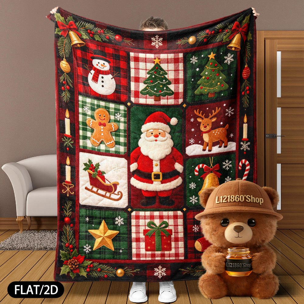 Flat/2D Digital Printing Flannel Blanket Blanket, Pastoral and Rural Plaid Patchwork Design, Christmas Theme, Santa Claus, Snowman, Christmas Tree, Gingerbread for Man, Reindeer, Sleigh, Gift, Sock Elements, Soft and Skin-friendly