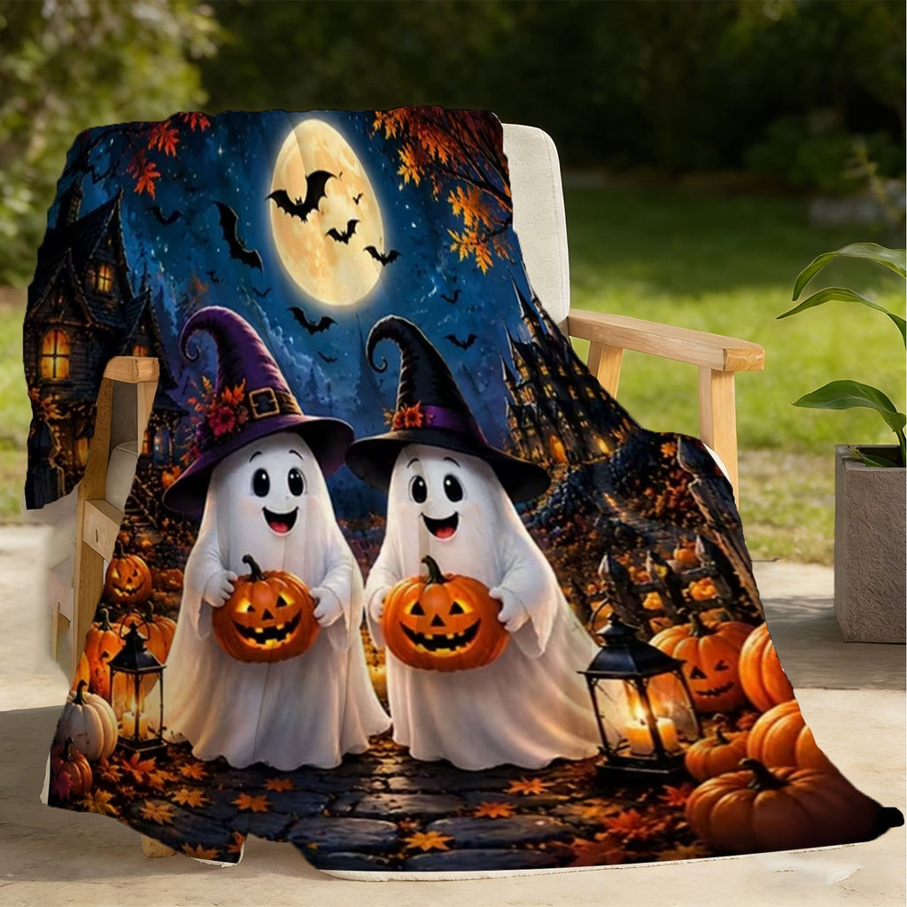 1pc Halloween Fleece Blanket, Soft Comfortable Throw Blanket with Pumpkin Ghost Bat Moon Pattern, Suitable for Office, Sofa, Living Room, Warm Decorative Item, Home Holiday Decor Gift