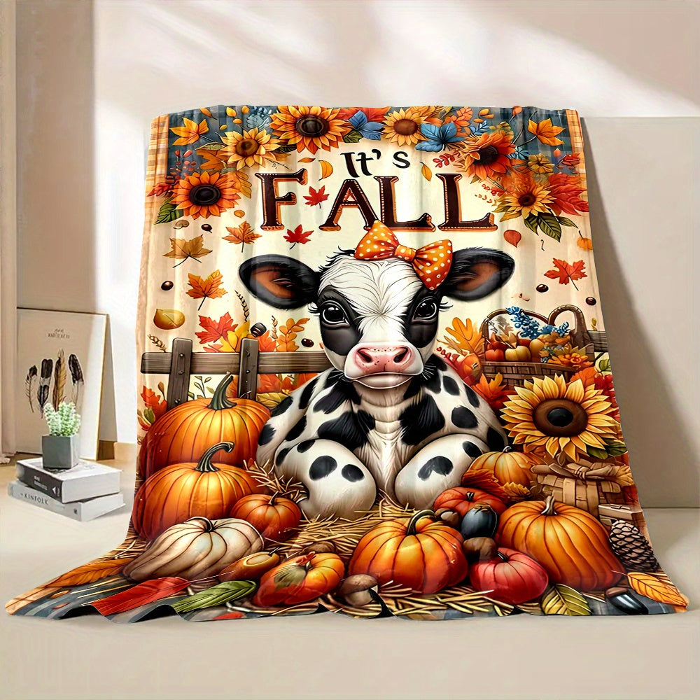 1pc Autumn Cow and Pumpkin Themed Flannel Blanket, Soft, Comfortable, and Warm, with Orange-Yellow Autumn Leaves and Sunflower Design, Durable Plush Surface, All-Season Universal Bed Blanket, Warm Throw Blanket, Multiple Sizes Available