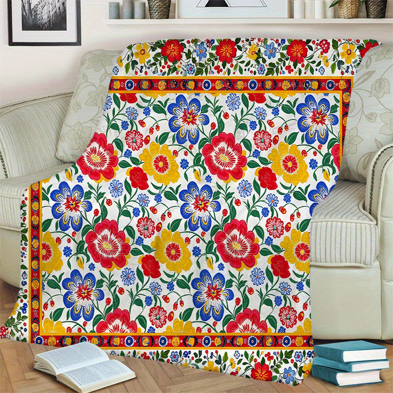 1pc Ethnic Style Floral Patterned Blanket, Retro Design, Soft Plush Surface, Flannel Material Lightweight And Durable, Multiple Sizes Available, Ideal for Holiday Gatherings, Living Room Leisure, Bedroom Warmth, Study Reading, Seasonal Home Decor