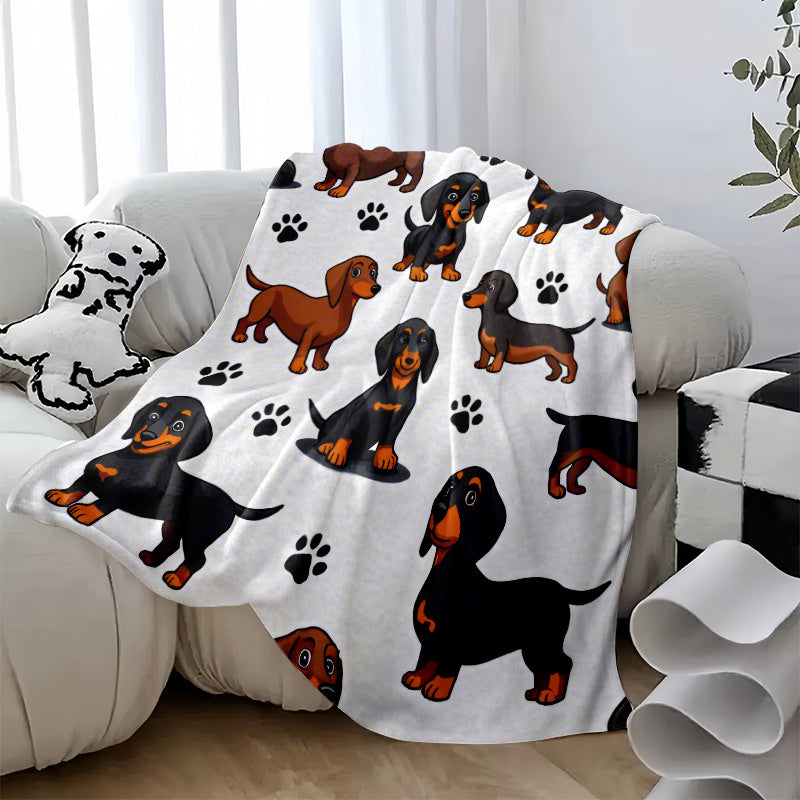 1pc Sausage Dog Pattern Flannel Blanket, Soft Comfortable Warm, Beige White Design, Durable Plush, All-Season Bed Blanket, Warm Cover, Multiple Sizes Available, Suitable for Living Room Sofa, Bedroom Headboard, Reading Corner, Leisure Time
