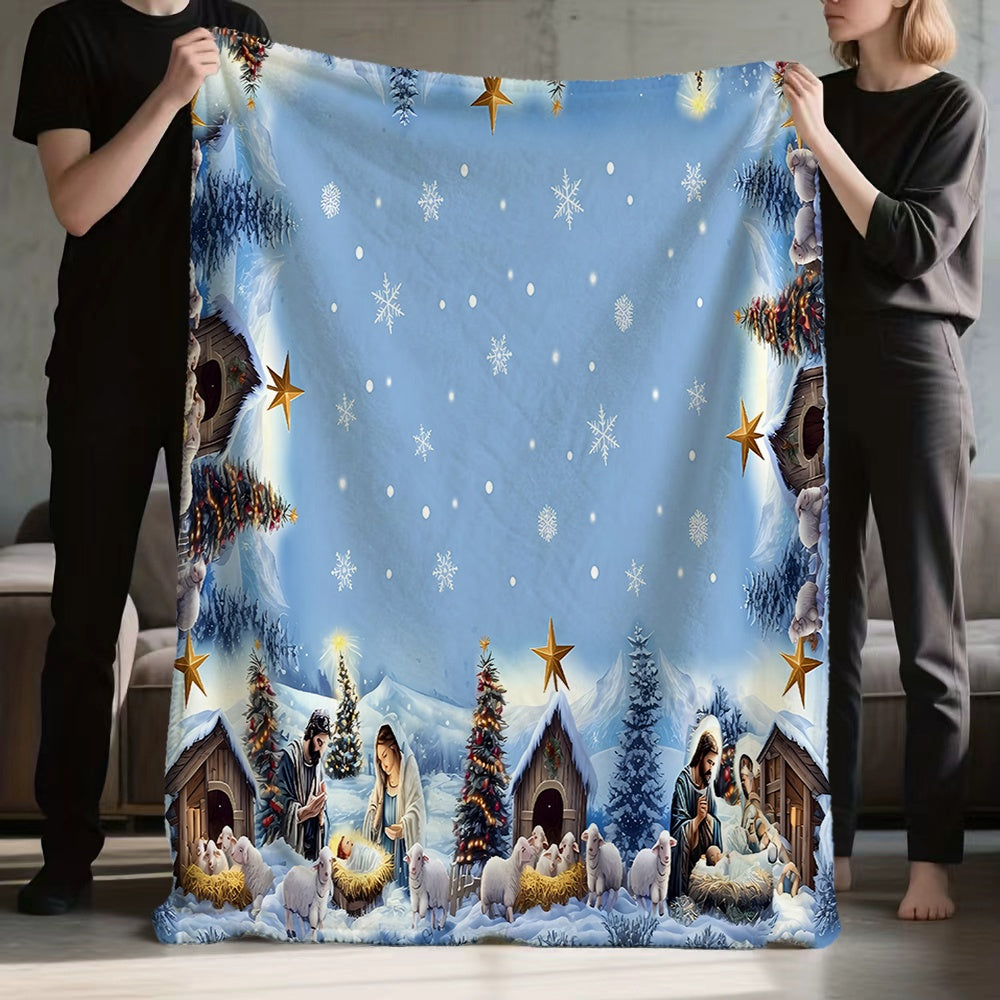 1pc Christmas Nativity Scene Golden Star Snowflake Blue Flannel Blanket, Soft Comfortable Warm, Main Color Blue Design, All-Season Blanket, Warm Cover, Multiple Sizes Available, Suitable for Living Room Sofa, Bedroom, Reading Area